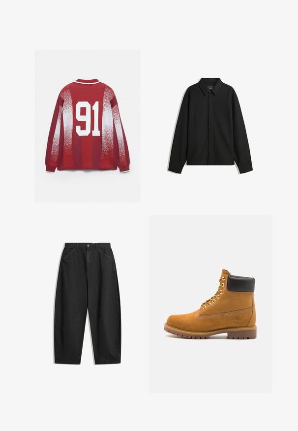 Čierna košeľa s dlhým rukávom vo forme bundy s špicatým golierom, prednou légou a hladkou textúrou. Voľný strih s spadnutými plecami.; Červený sveter s bielym pruhovaným golierom, blednúcimi bielymi vzormi a veľkým bielym nápisom '91' vytlačeným na chrbte.; Čierne široké nohavice z bavlny s vysokým pásom, prednými vreckami a jemnými švovými detailmi. Hladká textura bez vzorov.; Tyrkysové semišové členkové topánky s čiernym polstrovaným golierom, zlatými kovovými očkami, bielym prešívaním a robustnou gumovou podrážkou s výraznými drážkami.