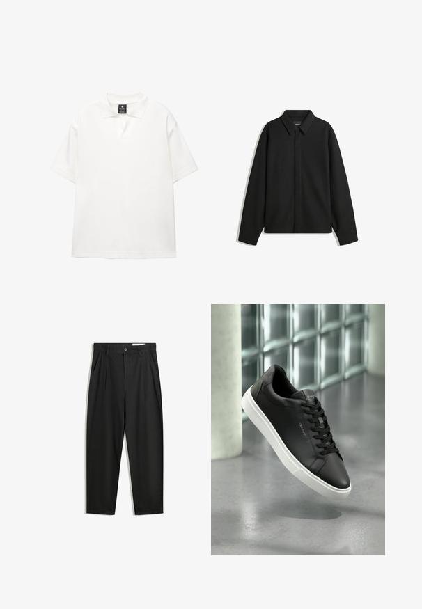 Musta pitkähihainen paita-takki, jossa on terävä kaulus, etupaneeli ja sileä materiaali. Rento istuvuus ja laskeutuvat olkapäät.; Valkoinen lyhythihainen polo paita, joka on valmistettu sileästä kankaasta, klassisella kauluksella, jossa on puolipainikeet ja rento malli.; Mustat puuvillahousut rentoa mallia, joissa on klassinen vyötärö, etukangastukset ja sivutaskut. Sileä pinta ilman kuvioita.; Mustat nahkalenkkarit valkoisella kumipohjalla, pyöreällä kärjellä ja nauhoilla. Ominaisuuksiin kuuluu sileä pinta ja hillitty brändäys kielekkeessä.