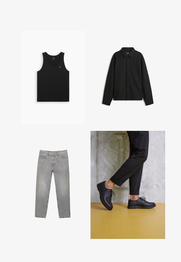 Giacca nera a maniche lunghe con colletto a punta, patta frontale e una texture liscia. Vestibilità rilassata con spalle scese.; Canottiera nera in cotone con scollo rotondo e spalline larghe. Presenta un piccolo logo rosso nella zona del petto sinistro. Texture liscia.; Jeans in denim grigio chiaro a gamba dritta con cinque tasche, passanti per cintura e chiusura con bottone in vita.; Scarpe stringate in pelle nera con punta arrotondata, superficie testurizzata e suola in gomma spessa. Indossate con pantaloni neri arrotolati su uno sfondo di cemento.