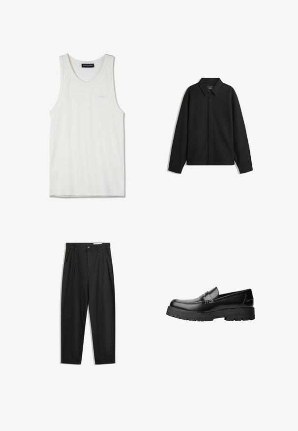 Schwarze Langarmhemdjacke mit spitzem Kragen, Frontblende und glatter Textur. Lässiger Schnitt mit abgesenkten Schultern.; Weißes Baumwoll-Tanktop mit rundem Ausschnitt und schmalen Schulterträgern. Verfügt über ein dezentes, hellblaues gesticktes Logo auf der Brust.; Schwarze Baumwollhose mit lockerem Schnitt, ausgestattet mit einem klassischen Bund, vorderen Falten und Seiten taschen. Glatte Textur ohne Muster.; Schwarzer Lederloafer mit grobem, rutschfestem Sohlenprofil und dekorativem Riemen über der Oberseite, seitlich links auf weißem Hintergrund abgebildet.