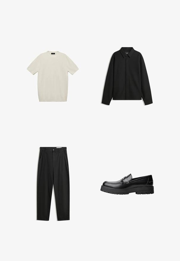 Črna dolga majica s kratkimi rokavi z ostrim ovratnikom, sprednjim zapiranjem in gladko teksturo. Ohlapen kroj z nizkimi rameni.; Kratka majica s kratkimi rokavi v kremni barvi, izdelana iz mehke tkanine, z okroglim izrezom in ravnim krojem, brez vidnih vzorcev ali dodatkov.; Črne bombažne hlače s sproščenim krojem, ki vključujejo klasičen pas, sprednje gube in stranske žepke. Gladka tekstura brez vzorcev.; Črne usnjene loafersice s debelim profiliranim podplatom in dekorativnim pasom čez zgornji del, prikazane v levem stranskem profilu na beli podlagi.