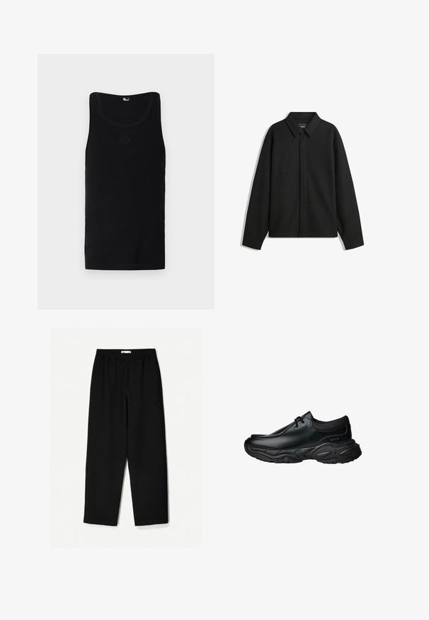 Svart långärmad skjortjacka med spetsig krage, frontknäppning och en slät yta. Avslappnad passform med sänkta axlar.; Svart linne i bomull med ribbad textur, har en rund halsringning och ett litet emblem präglat på framsidan.; Svarta, vida byxor i lätt tyg. Har en elastisk midja och en mjuk textur. Inga synliga mönster eller detaljer.; Svarta läder slip-on skor med rund tå och tjock strukturerad gummisula. Har subtila sömmar och elastiska detaljer vid kragen.