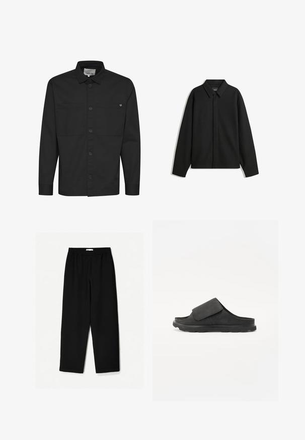 Black long-sleeve shirt jacket with a pointed collar, front placket, and a smooth texture. Relaxed fit with dropped shoulders.; Black long-sleeve shirt featuring a button-up front, two chest pockets, and a pointed collar. Made from smooth fabric with a matte finish.; Black, wide-leg pants made from a lightweight fabric. Features an elastic waistband and a smooth texture. No visible patterns or hardware.; Black slide sandal with a soft suede upper, adjustable strap, cushioned footbed, and textured rubber sole for grip.