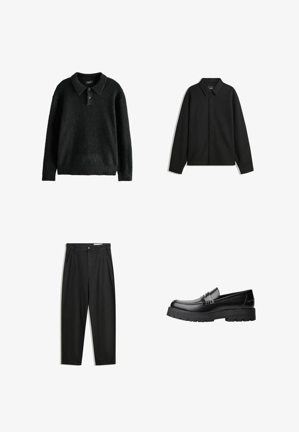 Zwarte lange mouwen overhemdjasje met een spitse kraag, voorste sluiting en een zachte textuur. Losse pasvorm met een verlaagde schouder.; Zwarte, met textuur pullover trui met een kraag, een drie-knopen sluiting en lange mouwen. Gemaakt van een zachte, pluche stof.; Zwarte katoenen broeken met een losse pasvorm, voorzien van een klassieke tailleband, voorplooien en zijzakken. Gladde structuur zonder patronen.; Zwarte leren loafer met een chunky profielzool en een decoratieve band over de bovenkant, weergegeven in het linkerzijprofiel op een witte achtergrond.