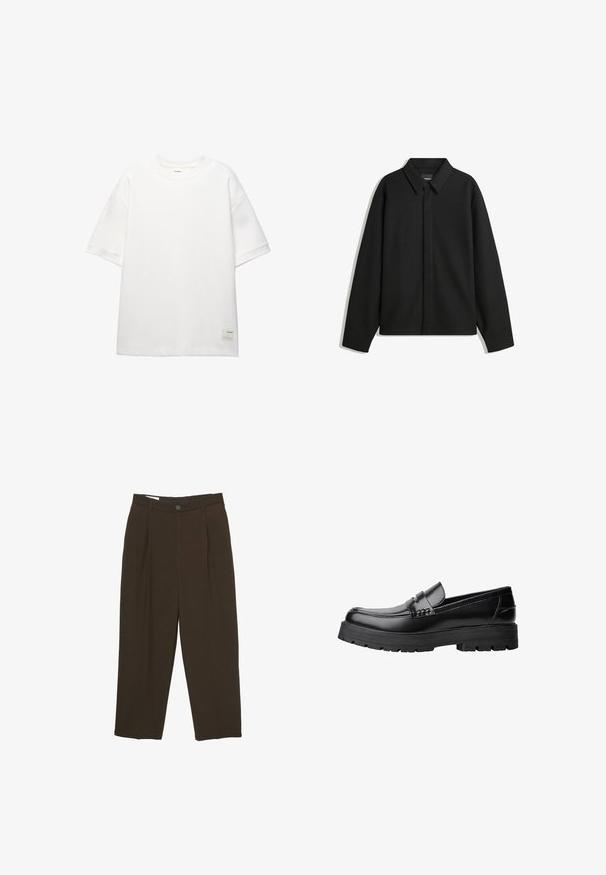 Jachetă neagră cu mâneci lungi și guler ascuțit, cu placket frontal și o textură netedă. Croială lejeră cu umeri lăsați.; PULL&BEAR SHORT SLEEVE - PLUSH - Tricou basic - white; Pantaloni tailored de culoare maro închis cu pliuri frontale, bucle pentru curea și închidere cu buton la talie.; Mocasini din piele neagră, cu talpă groasă și profilată și bandă decorativă pe partea superioară, prezentati din profil stâng pe fundal alb.
