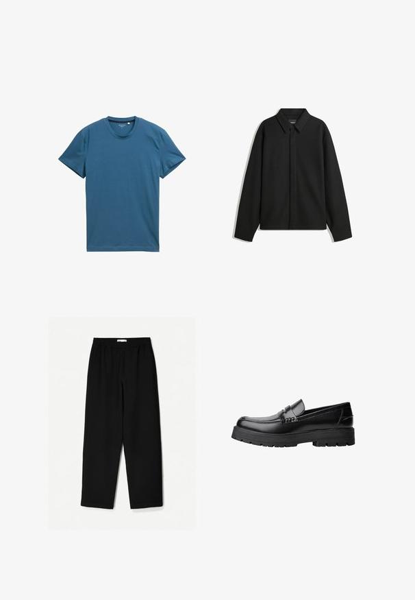 Czarna koszula-zakładka z długimi rękawami i spiczastym kołnierzykiem, z przodu z guzikami i gładką fakturą. Luźny krój z obniżonymi ramionami.; T-shirt z krótkim rękawem w głębokim teal, wykonany z miękkiej bawełny. Posiada okrągły dekolt oraz gładką, równą teksturę z prostymi detalami stworzonymi ze szwów.; Czarne, szerokie spodnie wykonane z lekkiego materiału. Posiadają elastyczny pasek w talii oraz gładką teksturę. Brak widocznych wzorów czy elementów metalowych.; Czarne skórzane mokasyny z grubą, bieżnikowaną podeszwą i dekoracyjnym paskiem na górze, pokazane w lewym profilu na białym tle.