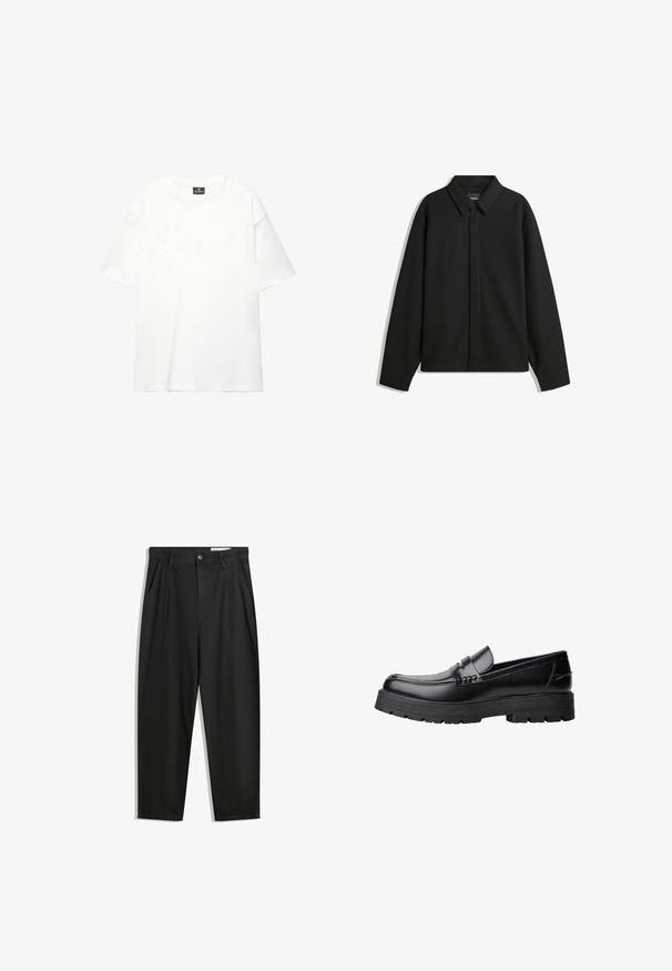 Crna jakna s dugim rukavima i oštrim ovratnikom, prednjim kopčanjem i glatkom teksturom. Opušteni kroj s spuštenim ramenima.; Bijela oversized majica izrađena od mekog, glatkog pamuka; ima kratke rukave, okrugli izrez i čist, neukrašen dizajn.; Crne pamučne hlače s opuštenim krojem, s klasičnim pojasom, prednjim nabranjima i bočnim džepovima. Glatka tekstura bez uzoraka.; Crna kožna mokasina s debelim potplatima i dekorativnom trakom preko gornjeg dijela, prikazana u lijevom bočnom profilu na bijeloj pozadini.