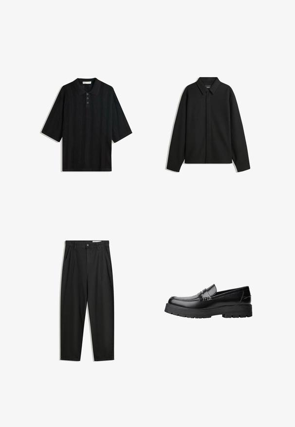 Černá bunda s dlouhým rukávem, špičatým límcem, přední légou a hladkým texturem. Volný střih s kleslými rameny.; Černé polo tričko s krátkým rukávem, se strukturovaným pleteným vzorem, tříknoflíkovou légou a klasickým límečkem.; Černé bavlněné kalhoty s uvolněným střihem, klasickým pasem, předními záhyby a bočními kapsami. Hladká textura bez vzorů.; Černé kožené mokasíny s masivní podrážkou a dekoračním páskem přes horní část, zobrazené v levém bočním profilu na bílém pozadí.