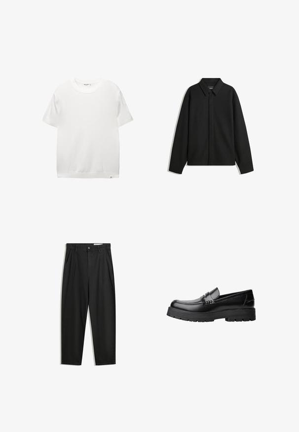 Fekete, hosszú ujjú ingdzseki hegyes gallérral, elülső gombolással és sima textúrával. Laid-back fit, lekonyult vállakkal.; Fehér rövidujjú póló kerek nyakkivágással, puha tapintással, egyenes szegéllyel és kis márkajelzéssel az alsó bal részen.; Fekete pamut nadrág laza szabással, klasszikus derékrésszel, elülső hajtásokkal és oldalsó zsebekkel. Simább textúra minta nélkül.; Fekete bőr loaferek vastag, bordázott talppal és díszcsíkkal az upper rész felett, bal oldali profilmódban, fehér háttér előtt.