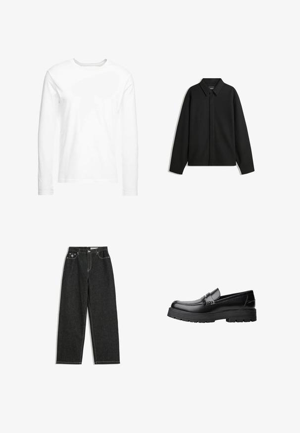 Zwarte lange mouwen overhemdjasje met een spitse kraag, voorste sluiting en een zachte textuur. Losse pasvorm met een verlaagde schouder.; Langsleeve witte t-shirt gemaakt van zachte katoen. Ronde halslijn met rechte zoom en geen zichtbare patronen of graphics.; Zwarte rechte jeans met witte stiksels, vijf-pocket ontwerp, knoop- en ritsluiting, en een klein logo op de voorkant van de rechterzak.; Zwarte leren loafer met een chunky profielzool en een decoratieve band over de bovenkant, weergegeven in het linkerzijprofiel op een witte achtergrond.