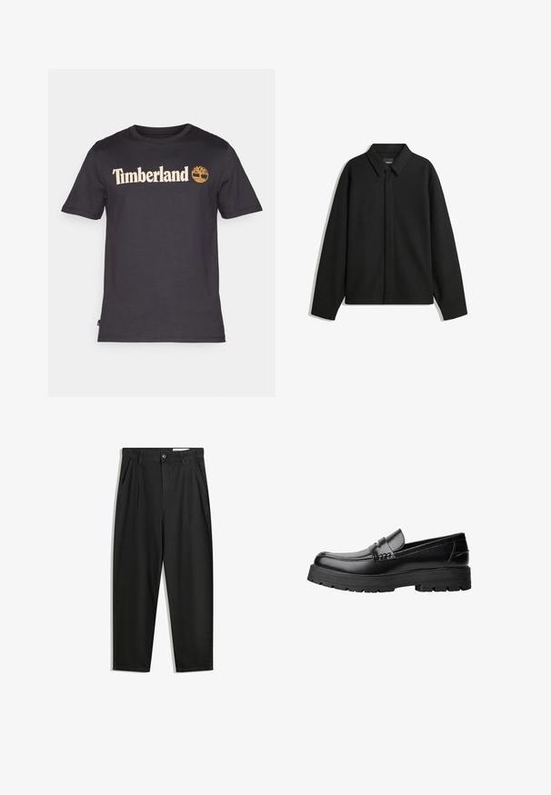 Črna dolga majica s kratkimi rokavi z ostrim ovratnikom, sprednjim zapiranjem in gladko teksturo. Ohlapen kroj z nizkimi rameni.; Črna bombažna majica s kremasto "Timberland" logotipom in simbolom drevesa spredaj. Kratki rokavi in oblikovanje s krožnim vratom.; Črne bombažne hlače s sproščenim krojem, ki vključujejo klasičen pas, sprednje gube in stranske žepke. Gladka tekstura brez vzorcev.; Črne usnjene loafersice s debelim profiliranim podplatom in dekorativnim pasom čez zgornji del, prikazane v levem stranskem profilu na beli podlagi.