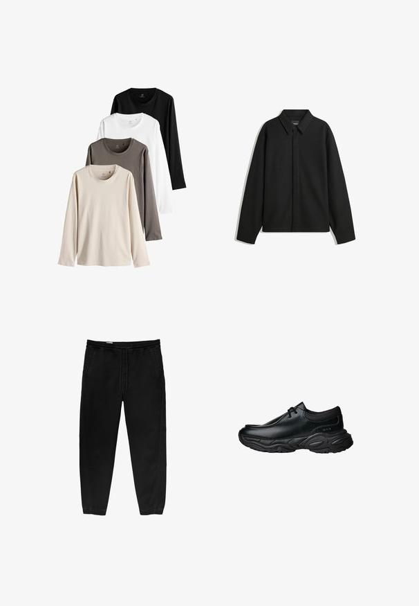 Črna dolga majica s kratkimi rokavi z ostrim ovratnikom, sprednjim zapiranjem in gladko teksturo. Ohlapen kroj z nizkimi rameni.; Štiri majice z dolgimi rokavi v bež, sivi, beli in črni barvi. Vsaka ima zaobljen ovratnik in mehko, gladko tkanino.; Črne hlače z elastičnim pasom in vrvico, ožji nogi, stranskimi žepi in subtilnimi detajli šivanja na straneh. Mehka bombažna tekstura tkanine.; Črne usnjene čevlje za enostavno obuvanje z zaobljenim nosom in debelim strukturiranim gumijastim podplatom. Imajo diskretne šive in elastične dodatke na ovratniku.