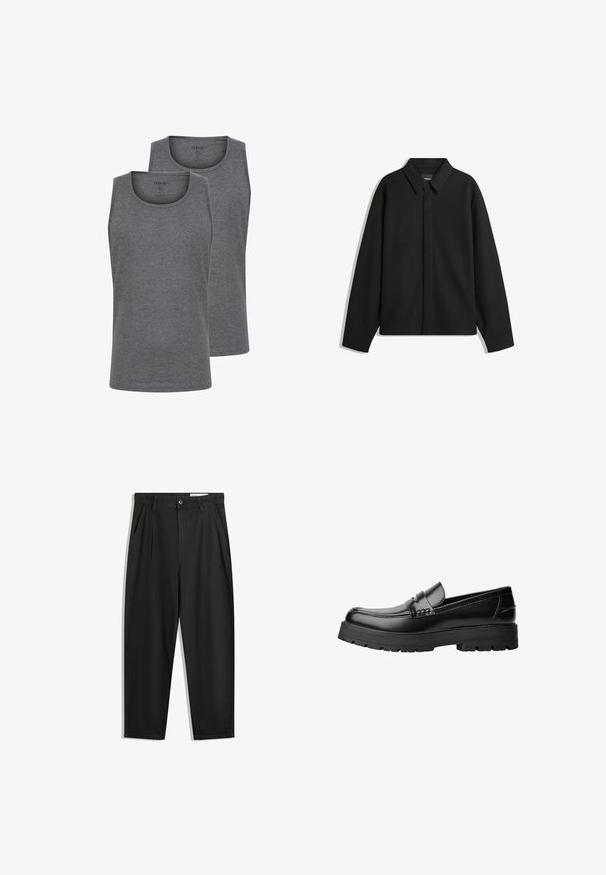 Giacca nera a maniche lunghe con colletto a punta, patta frontale e una texture liscia. Vestibilità rilassata con spalle scese.; Due magliette grigie senza maniche realizzate in un morbido misto cotone. Presentano un collo rotondo e un design senza maniche. Tessuto morbido e vestibilità regolare.; Pantaloni in cotone neri con una vestibilità rilassata, dotati di una vita classica, pieghe frontali e tasche laterali. Tessuto liscio senza fantasie.; Mocassino in pelle nera con suola spessa e tassellata e fascia decorativa sulla parte superiore, mostrato in profilo sinistro su sfondo bianco.