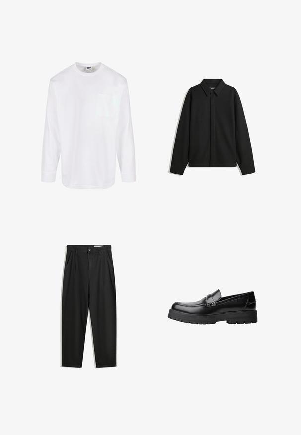Fekete, hosszú ujjú ingdzseki hegyes gallérral, elülső gombolással és sima textúrával. Laid-back fit, lekonyult vállakkal.; Urban Classics HEAVY OVERSIZED - Hosszú ujjú felső - white; Fekete pamut nadrág laza szabással, klasszikus derékrésszel, elülső hajtásokkal és oldalsó zsebekkel. Simább textúra minta nélkül.; Fekete bőr loaferek vastag, bordázott talppal és díszcsíkkal az upper rész felett, bal oldali profilmódban, fehér háttér előtt.