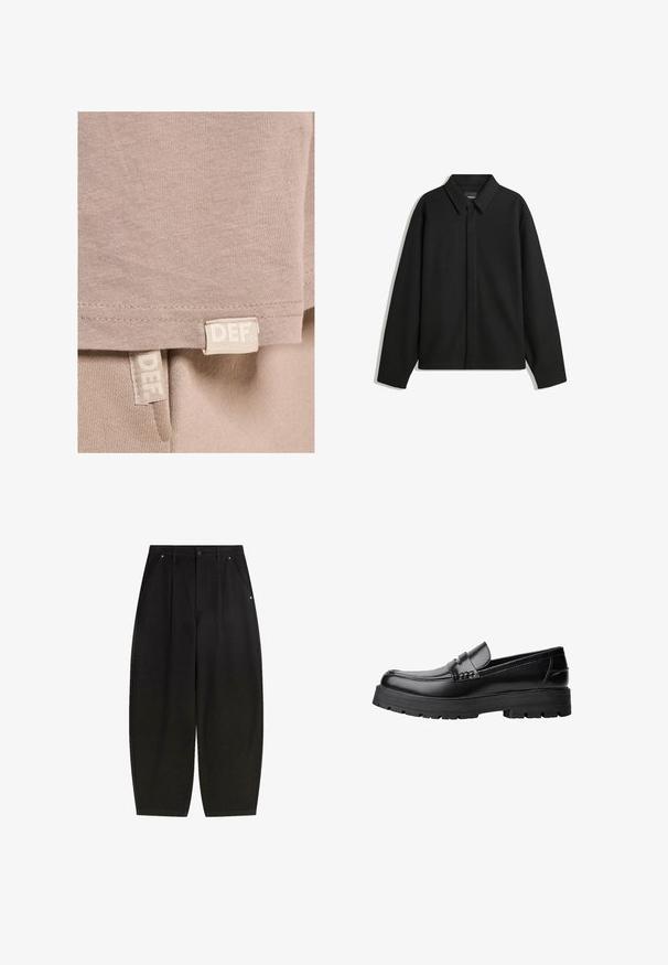 Black long-sleeve shirt jacket with a pointed collar, front placket, and a smooth texture. Relaxed fit with dropped shoulders.; Beige cotton t-shirt with a soft texture, featuring a straight hem and two visible labels stitched at the bottom, marked "DEF."; Black wide-leg trousers with front pockets, pleated design, and a clean finish. Made from textured fabric with a button closure.; Black leather loafer with chunky treaded sole and decorative strap across the upper, shown in left side profile on white background.
