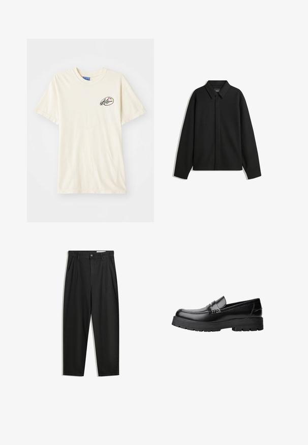 Sort langærmet skjortejakke med spids krave, frontklap og glat overflade. Relaxed fit med sænkede skuldre.; Cremefarvet bomulds t-shirt med rund halsudskæring og korte ærmer. Har et lille logo i sort og farvede prikker på venstre bryst.; Sorte bomuldsbukser med en afslappet pasform, der har en klassisk talje, frontfolder og sidelommer. Glat tekstur uden mønstre.; Sort læderloafer med kraftig sål og dekorativ rem henover, vist i venstre sideprofil på hvid baggrund.