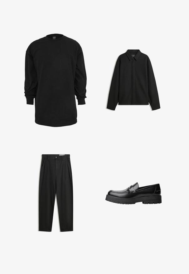 Zwarte lange mouwen overhemdjasje met een spitse kraag, voorste sluiting en een zachte textuur. Losse pasvorm met een verlaagde schouder.; Zwart T-shirt met lange mouwen, gemaakt van katoen. Kenmerkt zich door een ronde halslijn en een reguliere pasvorm. Glad oppervlak zonder zichtbare patronen of accenten.; Zwarte katoenen broeken met een losse pasvorm, voorzien van een klassieke tailleband, voorplooien en zijzakken. Gladde structuur zonder patronen.; Zwarte leren loafer met een chunky profielzool en een decoratieve band over de bovenkant, weergegeven in het linkerzijprofiel op een witte achtergrond.
