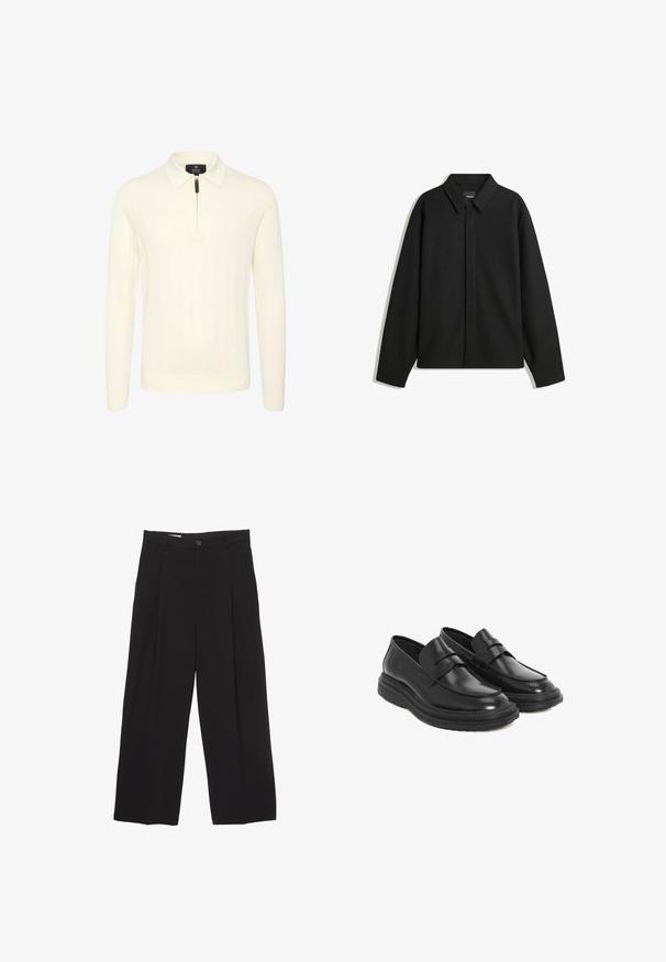 Fekete, hosszú ujjú ingdzseki hegyes gallérral, elülső gombolással és sima textúrával. Laid-back fit, lekonyult vállakkal.; Hosszú ujjú krémszínű pulóver texturált kötésű dizájnnal, zipzárral ellátott gallérral és bordázott mandzsettákkal, valamint alsó szegéllyel a testhezálló megjelenésért.; Fekete, bő szárú nadrág sima anyagból, lapos derékpánttal, elülső redőkkel és egy gombos záródással.; Fekete bőr loaferek lekerekített orral, varrott részletezéssel és platform gumitalppal. Dekoratív pánt található a vamp részen.