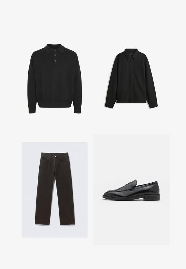 Giacca nera a maniche lunghe con colletto a punta, patta frontale e una texture liscia. Vestibilità rilassata con spalle scese.; Solid SDNAHIM - Maglietta a manica lunga - true black; Jeans in denim nero con design a gamba dritta, cinque tasche e cuciture color rame. Tessuto liscio, chiusura a bottone classica in vita.; Mocassini in pelle nera con finitura liscia, caratterizzati da una punta tonda e una fascia stretta sulla parte superiore. Tacco basso impilato.