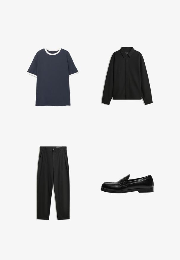 Svart långärmad skjortjacka med spetsig krage, frontknäppning och en slät yta. Avslappnad passform med sänkta axlar.; Mörkblå kortärmad t-shirt med vit, rund halsringning och ärmslut. Tillverkad av ett slätt tyg och med en avslappnad passform.; Svarta bomullsshorts med avslappnad passform, med en klassisk midja, framveck och sidfickor. Slät textur utan mönster.; Svart läderloafer med en slät yta, med en sömdetalj på ovansidan och en låg, solid svart gummisula.