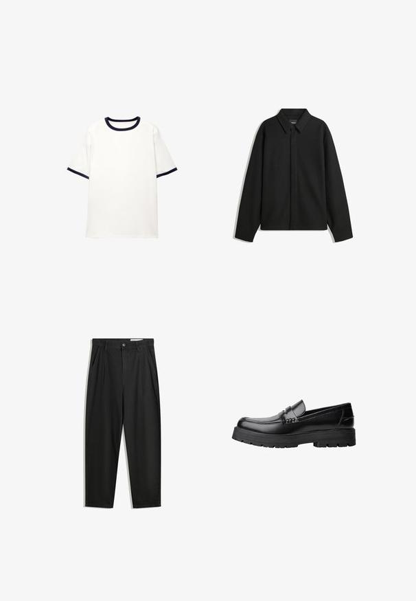 Schwarze Langarmhemdjacke mit spitzem Kragen, Frontblende und glatter Textur. Lässiger Schnitt mit abgesenkten Schultern.; Weißes T-Shirt mit einem runden marineblauen Kragen und marineblauen Akzenten an den kurzen Ärmeln; aus weichem, glattem Stoff mit einer lockeren Passform hergestellt.; Schwarze Baumwollhose mit lockerem Schnitt, ausgestattet mit einem klassischen Bund, vorderen Falten und Seiten taschen. Glatte Textur ohne Muster.; Schwarzer Lederloafer mit grobem, rutschfestem Sohlenprofil und dekorativem Riemen über der Oberseite, seitlich links auf weißem Hintergrund abgebildet.