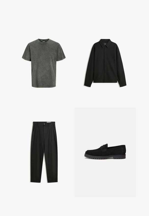 Musta pitkähihainen paita-takki, jossa on terävä kaulus, etupaneeli ja sileä materiaali. Rento istuvuus ja laskeutuvat olkapäät.; Lyhythihainen T-paita haalistuneessa tummanharmaassa värissä, valmistettu pehmeästä kankaasta, jossa on pyöreä pääntie ja rento istuvuus. Silkkinen pinta, ilman kuvioita.; Mustat puuvillahousut rentoa mallia, joissa on klassinen vyötärö, etukangastukset ja sivutaskut. Sileä pinta ilman kuvioita.; Musta samettisandaalit pyöreällä varvaskohdalla ja ommeltu korostus edessä. Kumi-pohja näkyvillä kuvioilla pitävyyden parantamiseksi.