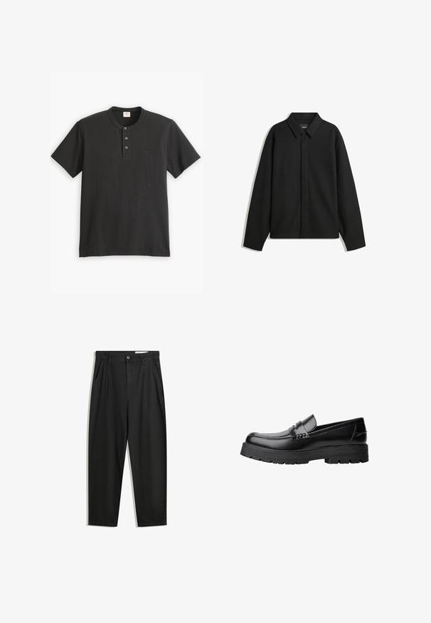 Fekete, hosszú ujjú ingdzseki hegyes gallérral, elülső gombolással és sima textúrával. Laid-back fit, lekonyult vállakkal.; Fekete, rövid ujjú poloing, pamutból készült, három gombos gombolással és egy kis logóval a bal mellen.; Fekete pamut nadrág laza szabással, klasszikus derékrésszel, elülső hajtásokkal és oldalsó zsebekkel. Simább textúra minta nélkül.; Fekete bőr loaferek vastag, bordázott talppal és díszcsíkkal az upper rész felett, bal oldali profilmódban, fehér háttér előtt.