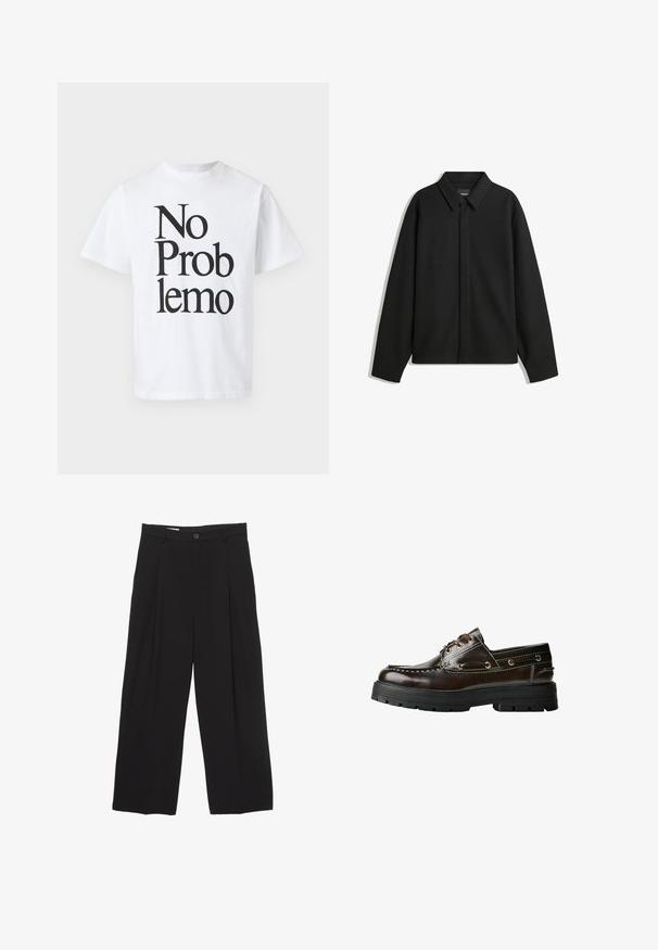 Crna jakna s dugim rukavima i oštrim ovratnikom, prednjim kopčanjem i glatkom teksturom. Opušteni kroj s spuštenim ramenima.; Bijela pamučna majica s crnim natpisom "No Problemo" u različitim veličinama fonta. Klasičan dizajn s okruglim izrezom i kratkim rukavima.; Crne široke hlače od glatkog materijala, s ravnim pojasom, prednjim nabranim detaljima i zatvaranjem na jedan gumb.; Smeđe kožne brodske cipele s gumiranim potplatom, s detaljima šivanja, metalnim otvorima za vezice i dizajnom na vezanje. Čvrsta, lagana konstrukcija.