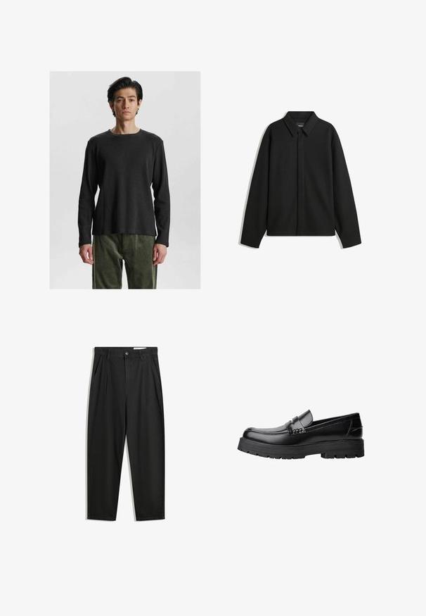 Crna jakna s dugim rukavima i oštrim ovratnikom, prednjim kopčanjem i glatkom teksturom. Opušteni kroj s spuštenim ramenima.; Crna majica dugih rukava s rebrastim uzorkom i okruglim izrezom. Ima teksturiranu tkaninu i opušteni kroj, u kombinaciji s maslinasto zelenim hlačama od meke tkanine.; Crne pamučne hlače s opuštenim krojem, s klasičnim pojasom, prednjim nabranjima i bočnim džepovima. Glatka tekstura bez uzoraka.; Crna kožna mokasina s debelim potplatima i dekorativnom trakom preko gornjeg dijela, prikazana u lijevom bočnom profilu na bijeloj pozadini.