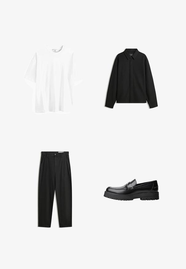 Giacca nera a maniche lunghe con colletto a punta, patta frontale e una texture liscia. Vestibilità rilassata con spalle scese.; T-shirt bianco in cotone a maniche corte, con colletto rotondo, vestibilità comoda e texture liscia. Nessun motivo o dettaglio visibile.; Pantaloni in cotone neri con una vestibilità rilassata, dotati di una vita classica, pieghe frontali e tasche laterali. Tessuto liscio senza fantasie.; Mocassino in pelle nera con suola spessa e tassellata e fascia decorativa sulla parte superiore, mostrato in profilo sinistro su sfondo bianco.