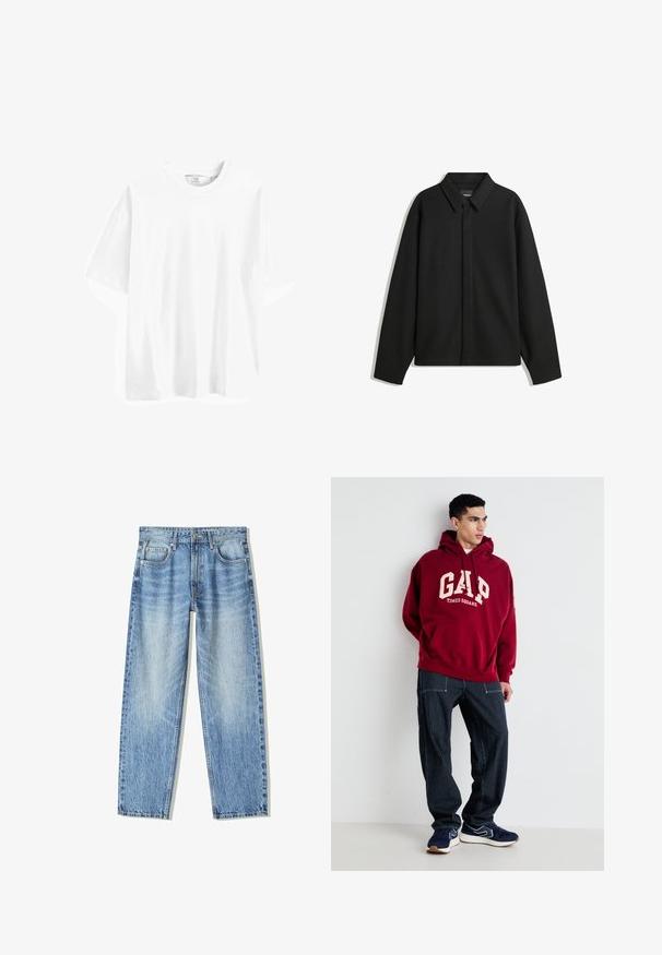 Črna dolga majica s kratkimi rokavi z ostrim ovratnikom, sprednjim zapiranjem in gladko teksturo. Ohlapen kroj z nizkimi rameni.; Bela bombažna majica s kratkimi rokavi, okrogel izrez, sproščen kroj in gladka tekstura. Brez vidnih vzorcev ali dodatkov.; Svetlo modri kavbojke z ohlapnim krojem, ravnim nogavicama, petimi žepi in zbledelim videzom. Imajo zadrgo in gumb na sprednji strani.; Bordo kapuzenpulover z napisom "GAP" in "TIMES SQUARE" v kremni barvi, v kombinaciji s temno modrimi hlačami s črtami in temno modrimi supergami z belimi detalji.