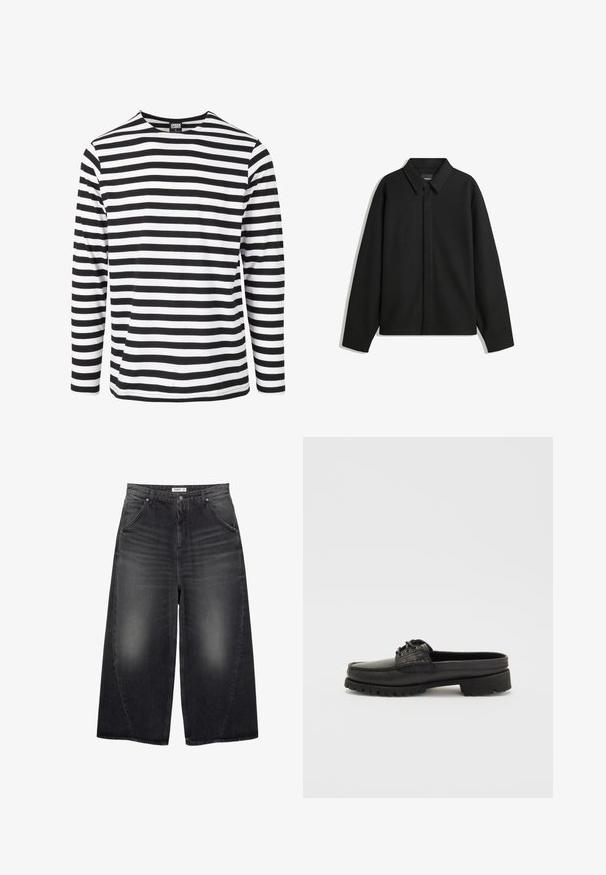 Schwarze Langarmhemdjacke mit spitzem Kragen, Frontblende und glatter Textur. Lässiger Schnitt mit abgesenkten Schultern.; Schwarz-weiß gestreiftes Langarmshirt mit Rundhalsausschnitt, aus weichem Stoff gefertigt, mit horizontalen Streifen in gleichmäßiger Breite.; PULL&BEAR MEGA BAGGY - Baggy Jeans - black; Schwarzer Leder-Schlüpfschuh mit Schnürdetails, abgerundeter Zehenpartie und strukturiertem Sohle. Verfügt über einen leicht erhöhten Absatz und eine glatte Oberfläche.
