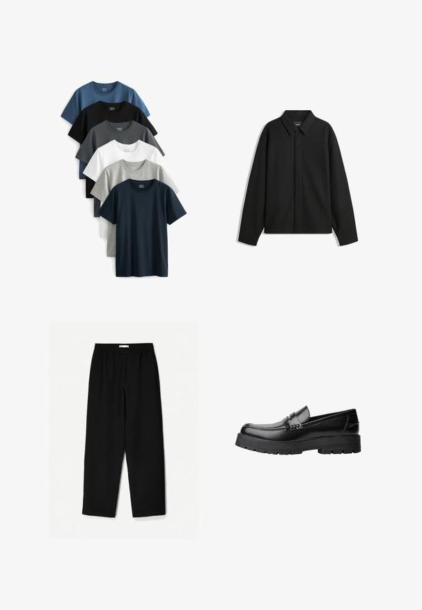 Jachetă neagră cu mâneci lungi și guler ascuțit, cu placket frontal și o textură netedă. Croială lejeră cu umeri lăsați.; Șase tricouri cu mânecă scurtă expuse într-un teanc. Culorile includ bleumarin, negru, verde, alb, gri deschis și gri închis. Material din bumbac.; Pantaloni negri, largi, confecționați dintr-un material ușor. Au o talie elastică și o textură netedă. Fără modele vizibile sau accesorii metalice.; Mocasini din piele neagră, cu talpă groasă și profilată și bandă decorativă pe partea superioară, prezentati din profil stâng pe fundal alb.