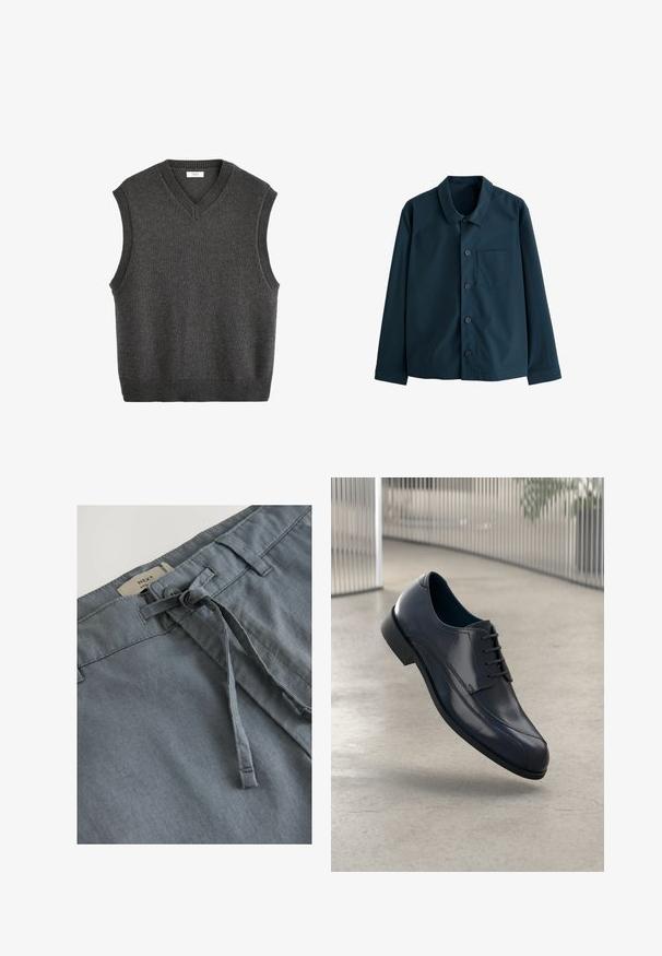 Sötétkék, gombos ing sima anyagból készült. Klasszikus gallérral, elülső zsebbel és hat gombbal rendelkezik az elején.; Next V-NECK REGULAR FIT - Pulóver - grey; Szürke szövet rövidnadrág, puha tapintással, csomózott húzózsinórral és övhurkokkal. A címke a derékpántnál a "NEXT" márkát jelzi.; Fényes fekete bőrcipő fűzőkkel, lebeg egy sima, világosszürke padló felett, háttérben függő fémboltokkal.