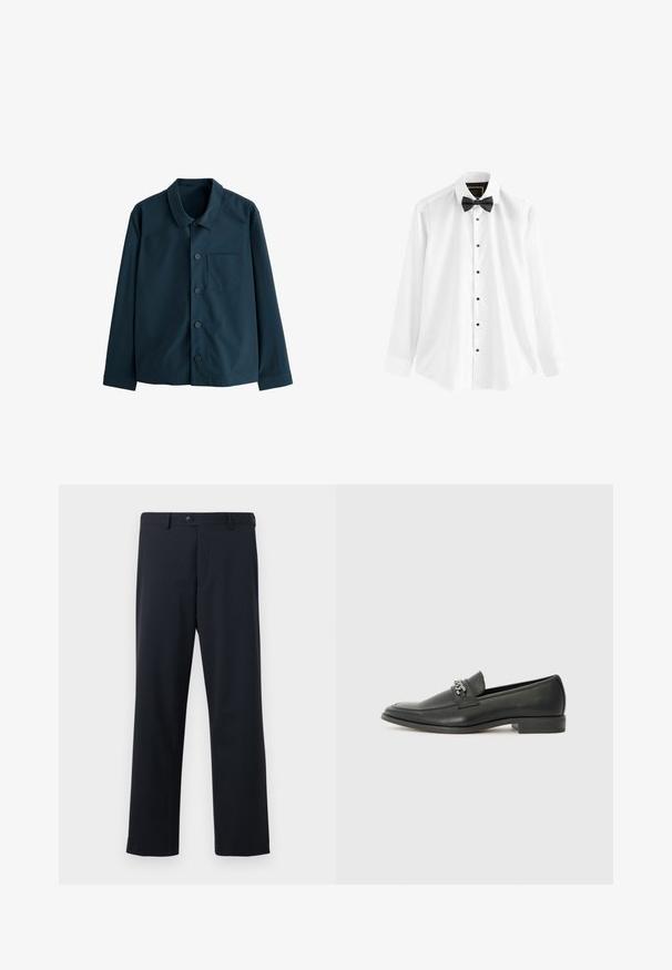 Sötétkék, gombos ing sima anyagból készült. Klasszikus gallérral, elülső zsebbel és hat gombbal rendelkezik az elején.; Fehér pamut ing, hosszú ujjakkal, fekete csokornyakkendővel és fekete gombokkal az elején.; Tengerészkék egyenes szárú nadrág, elülső gombos és cipzáras záródással, sima, finom textúrájú anyagból készült.; Fekete bőr loaferek sima felülettel, varrott mintával és díszítő fém lánccal a cipő elején. Lapos sarok.