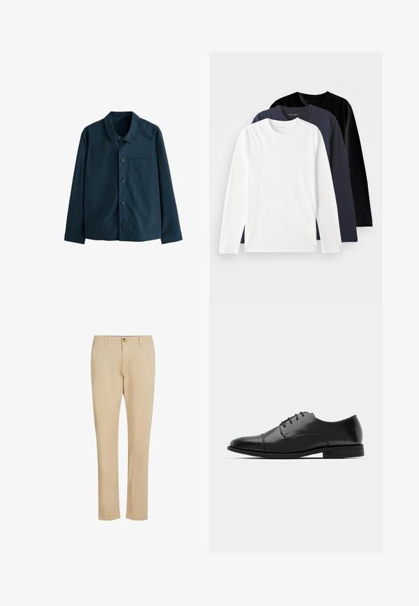 Tamsiai mėlynos spalvos marškiniai su mygtukais, pagaminti iš lygaus audinio. Juose yra klasikinis apykaklė, priekinė kišenė ir šeši mygtukai priekyje.; Trys ilgomis rankovėmis marškiniai, sukrauti vienas ant kito: vienas baltas, vienas tamsiai mėlynas ir vienas juodas. Pagaminti iš lygaus medvilnės, turi apvalius kaklus ir šoninius plyšius.; Bežiniai kelnės su tiesiu sijonu, su užtrauktuku ir mygtukų uždarymu, pagamintos iš lygaus audinio su subtiliomis siuvimo detalėmis.; Juodas odinis džinsinis batų modelis su apvaliu galiuku, raišteliu ir subtiliomis siūlėmis, taip pat žemu kulnu. Lygus pavirčius su blizgiu apdaila.