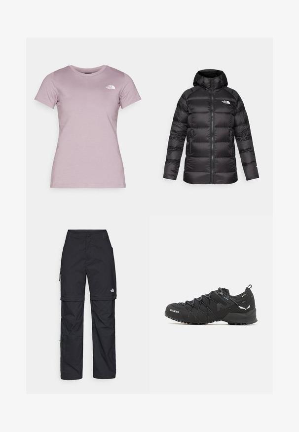 Sort pufferjakke med hætte, der har lynlås foran, brede quiltede sektioner og et lille hvidt logo på venstre bryst. Glat tekstur.; The North Face W SS SD SLIM TEE - T-shirts basic - purple chalk; Sorte nylon cargo bukser med lynlås, justerbare manchetter, flere lommer og et logo på højre ben. Glat, let tekstur.; Sorte vandresko med en tekstureret stofoverdel, snøresystem og robust gummisål. Accenteret med reflekterende detaljer og logoer.