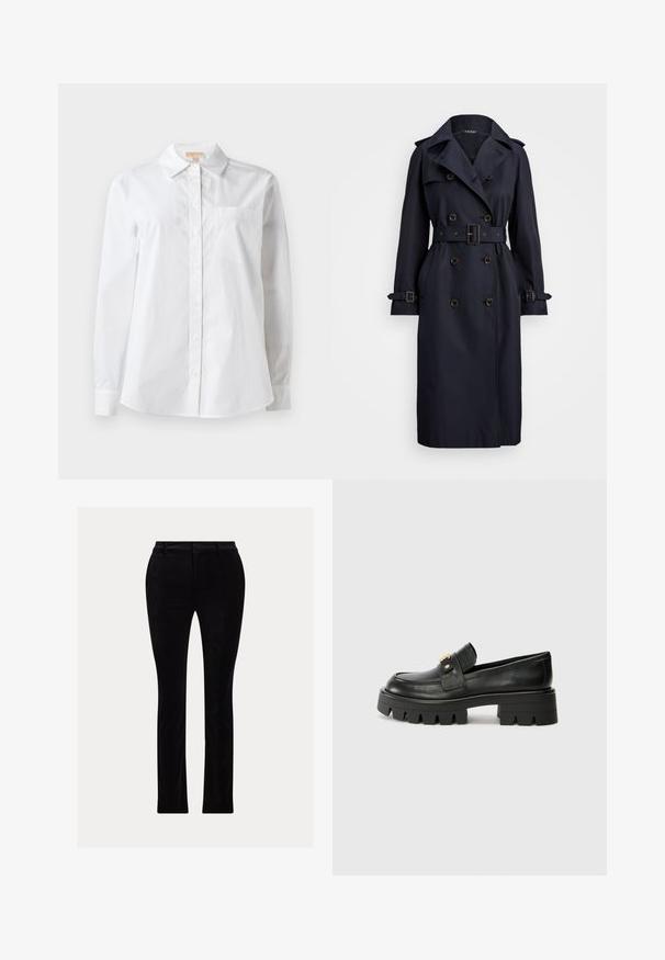 Navy blue trench coat with double-breasted design, belted waist, large lapels, shoulder epaulets, and tabbed sleeves. Smooth fabric texture.; White long-sleeve shirt made of cotton. Features a classic collar, front button closure, and a single chest pocket. Smooth texture.; Black trousers made of a smooth, velvet-like fabric. Tailored fit with a straight leg, featuring a traditional waistband and belt loops.; Black leather loafers with a chunky sole, featuring a gold-tone accent on the front and a smooth finish. Chunky tread design on the sole.