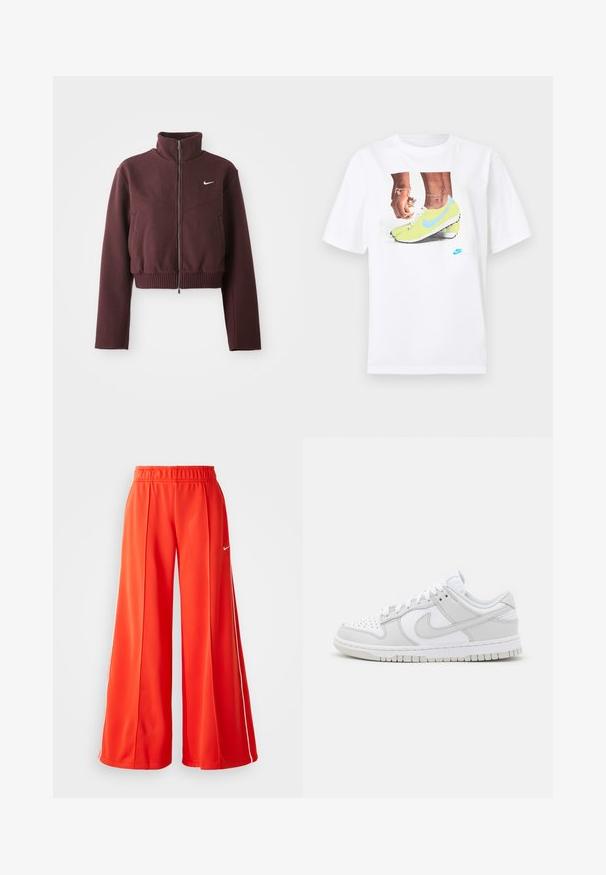 Cropped burgundy jacket with high collar, zip closure, ribbed hem, and long sleeves. Features white Nike logo on the left chest.; White cotton t-shirt featuring a graphic of feet in yellow Nike cleats with blue accents, paired with a bracelet on the left wrist.; Red sweatpants made of lightweight fabric feature a wide-leg design, elastic waistband, and a white Nike logo on the side.; White leather sneakers with grey accents, perforated toe, flat laces, cushioned collar, and a textured rubber sole.