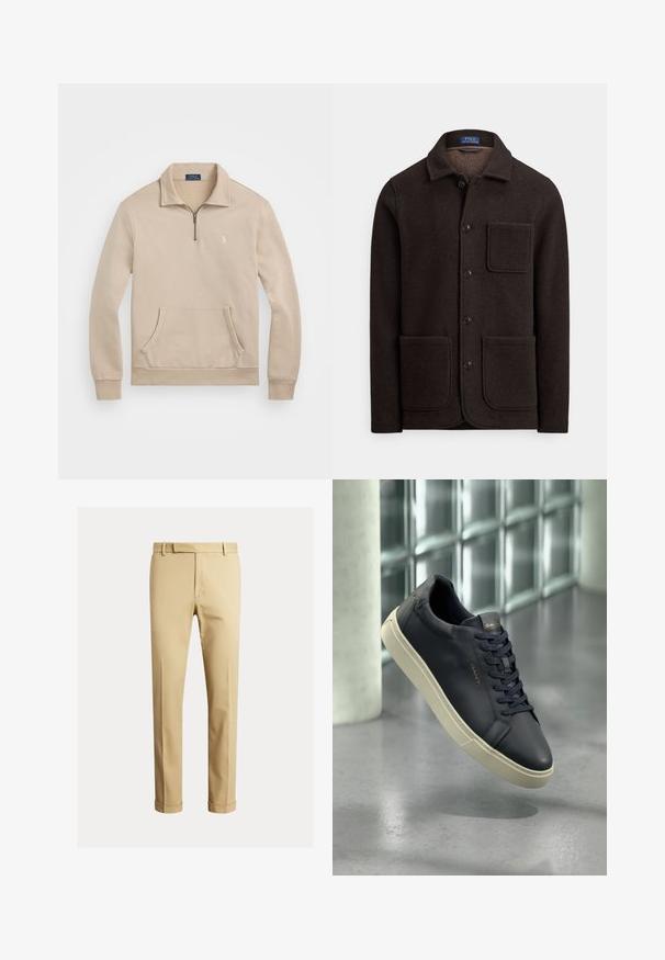 Casaco de lã castanho escuro com fecho de botões, gola pontiaguda e dois grandes bolsos frontais. Apresenta um bolso no peito e textura suave.; Sweatshirt bege com gola de fecho de correr de um quarto, punhos canelados, bolso frontal e um pequeno logótipo no peito. Material macio, semelhante a tecido polar.; Chinos caqui feitos de um tecido de algodão suave, com um design ajustado, pregas frontais e punhos no tornozelo para um visual afinado.; Sapatilha de couro azul-marinho com bico arredondado, atacadores planos e sola texturizada; possui logotipo na lingueta, contrastando com uma sola de cor bege.