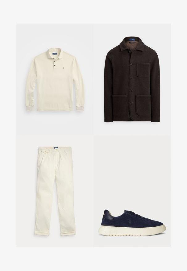 Sötétbarna gyapjúdzseki gombokkal záródó elejű, hegyes gallérral és két nagy első zsebbel. Mellzsebbel és puha tapintású anyaggal.; Hosszú ujjú, krémszínű pólóing, puha pamutból készült. Hajtott gallérral, három gombos kivágással és egy kis hímezett logóval rendelkezik.; Krém színű kordbársony nadrág redőkkel, oldalzsebekkel, gombos fedőzsebbel és felhajtott szegéllyel, fehér háttéren laposan elrendezve.; Sötétkék velúr alacsony szárú sneaker, textúrázott felülettel, gumitalppal és azonos színű fűzőkkel, kis logóval az oldalon és a sarokon.