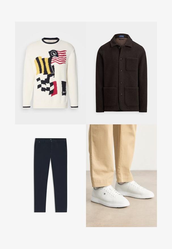 Dark brown wool jacket with a button-up front, pointed collar, and two large front pockets. Features a chest pocket and a soft texture.; Knit sweater in cream with multicolored flag patterns, including red, blue, yellow, and black. Features a round navy ribbed collar and cuffs.; Navy blue trousers made of lightweight fabric, featuring a straight leg design, side pockets, and a front button closure with branding detail.; White leather sneakers with a smooth finish, featuring round toe, lace-up design, and subtle logo detail on the side, paired with beige pants.