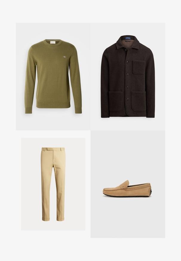 Tmavě hnědá vlněná bunda s knoflíkovým zapínáním vpředu, špičatým límcem a dvěma velkými předními kapsami. Má kapsu na hrudi a měkkou texturu.; Olivově zelený pletený svetr s kulatým výstřihem, dlouhými rukávy a žebrovanými manžetami a lemem. Na hrudi je malá vyšívaná nášivka.; Khaki chinos vyrobené z hladké bavlněné tkaniny, s přiléhavým střihem, předními puky a náplety na kotnících pro zúžený vzhled.; Béžová semišová mokasína s prošívanou špičkou, nazouvací design a černá gumová podešev. Na boku se nachází nenápadné logo.