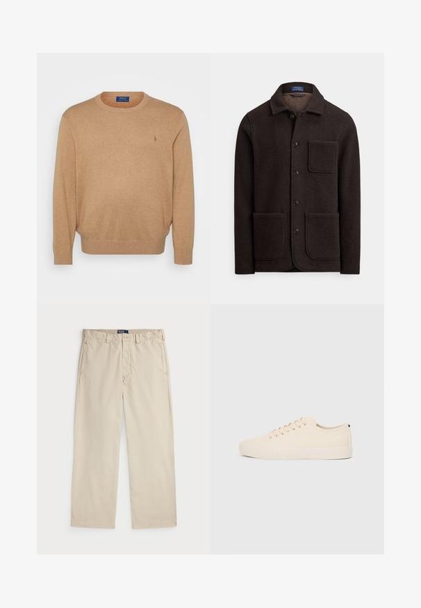 Temno rjav volneni suknjič z zapenjanjem na gumbe, s koničastim ovratnikom in dvema velikima sprednjima žepoma. Ima prsni žep in mehak teksturo.; Bež pulover s krožnim ovratnikom, izdelan iz mehkega materiala, z ribastim ovratnikom in manšetami ter z majhnim vezenim logotipom na prsih.; Beige bombažne chinos hlače s ravnim krojem, z gumbom za zapiranje in dvema sprednjima žepoma. Gladka tekstura in enotna barva.; Bež platneni športni copati z okroglo konico, ravnim gumijastim podplatom in vezalkami spredaj. Imajo minimalističen dizajn in kontrastni črn akcent na peti.