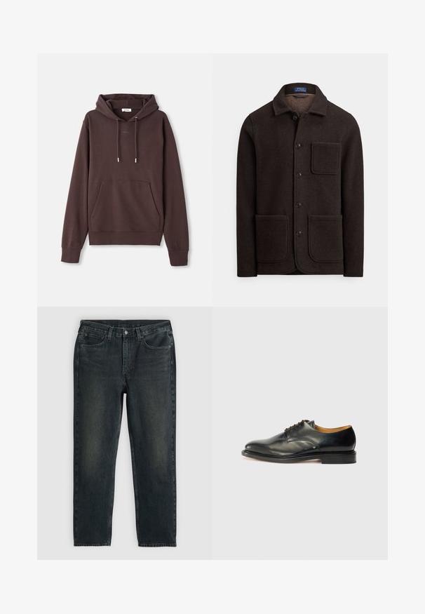 Sötétbarna gyapjúdzseki gombokkal záródó elejű, hegyes gallérral és két nagy első zsebbel. Mellzsebbel és puha tapintású anyaggal.; Barna kapucnis pulóver, puha pamut keverékből készült, elülső zsebbel, állítható zsinórral és varrott logóval a nyak körül.; Sötétkék farmernadrág, egyenes fazonnal, ött zsebbel, cipzáras sliccel és kontrasztos varrással. A szövet enyhe kopása.; Fekete bőr dresszcipő sima felülettel, kerek orral és minimális fűzéssel. Diszkrét dizájn jellemzi, alacsony, masszív gumitalpakkal.