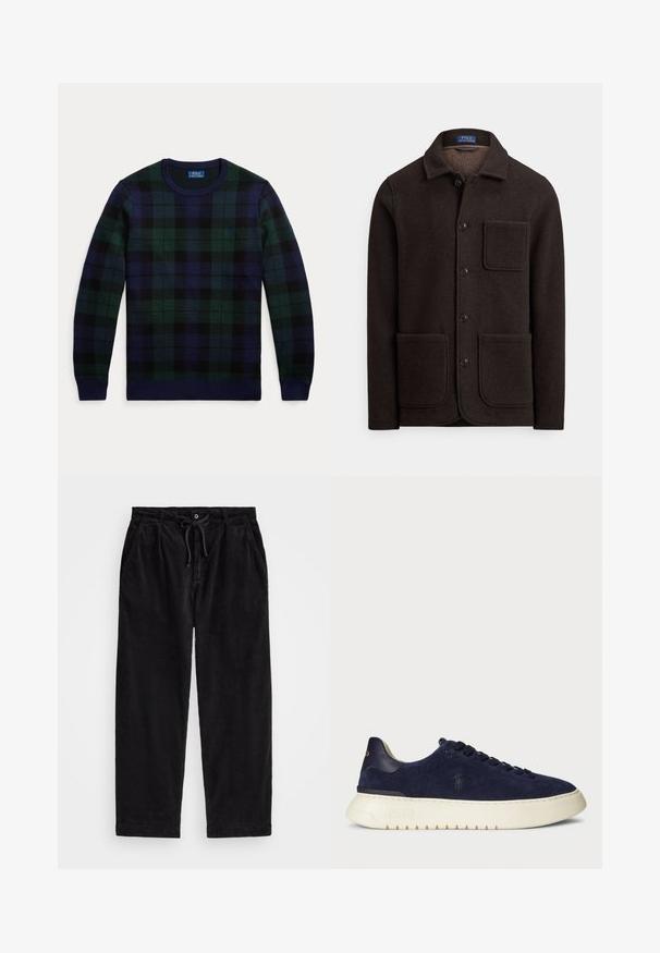 Casaco de lã castanho escuro com fecho de botões, gola pontiaguda e dois grandes bolsos frontais. Apresenta um bolso no peito e textura suave.; Camisola de malha com padrão aos quadrados em verde, azul-marinho e preto, com gola redonda e punhos e bainha canelados. Pequeno detalhe de logótipo no peito.; Calças de veludo cotelê pretas com um ajuste relaxado, apresentando uma cintura elástica com cordão e bolsos laterais. O tecido apresenta uma textura canalizada.; Sapatilha baixa em camurça azul-marinho com uma superfície texturizada, sola de borracha e atacadores tonais, apresentando um pequeno logótipo de lado e no calcanhar.