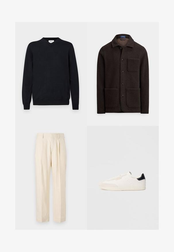 Casaco de lã castanho escuro com fecho de botões, gola pontiaguda e dois grandes bolsos frontais. Apresenta um bolso no peito e textura suave.; Suéter preto em v, feito de material macio, com mangas longas e punhos e bainha canelados. Design minimalista sem padrões visíveis.; NN.07 KAY - Calças - off white; Ténis de couro branco com detalhes em camurça, apresentando um calcanhar em preto, design com atacadores, pormenores perfurados e uma marcação subtil na lateral.
