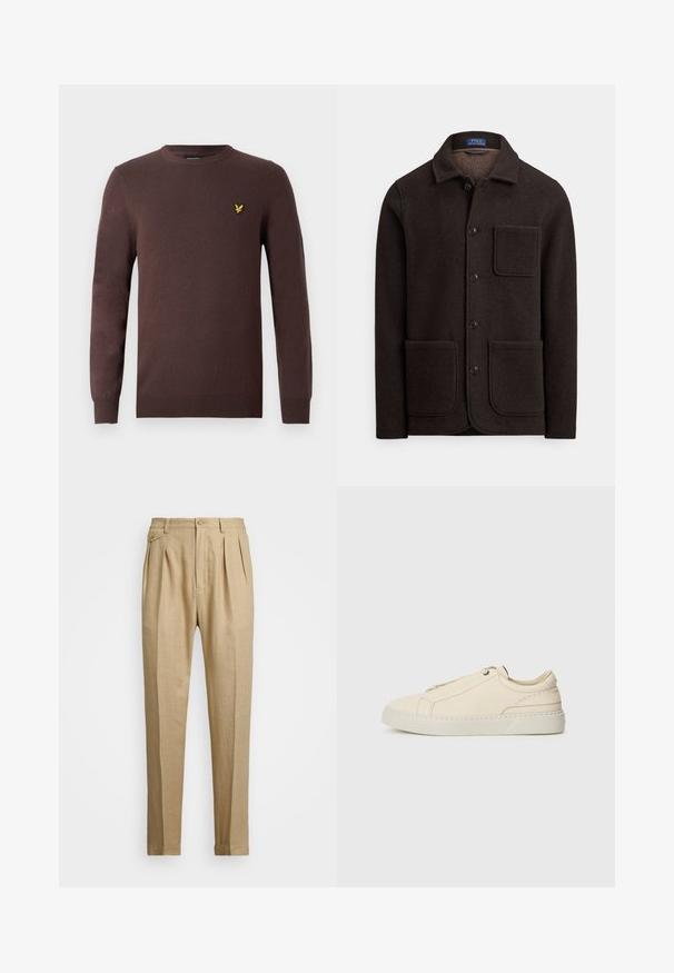 Tamnoljubičasta vunena jakna s prednjim dijelom na gumb, šiljatim ovratnikom i dva velika prednja džepa. Ima džep na prsima i mekanu teksturu.; Smeđi džemper od mekog pletiva, s okruglim izrezom i dugim rukavima. Na prsima je vezena žuta ptica.; Bež lanene hlače ravnog kroja, s dva prednja nabora, zatvaranjem na gumb i bočnim džepovima. Tekstuirana tkanina s glatkom površinom.; Bež kožne tenisice s okruglim vrhom, minimalistički dizajn, suptilni šavovi i teksturirana gornja strana, na svijetloj potplati.