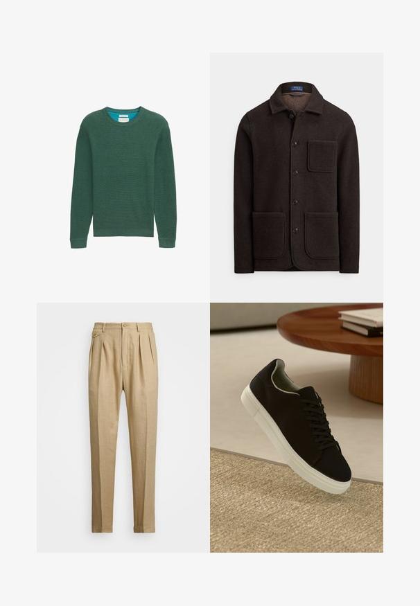 Tumepruun villane jakk, millel on eest nööbitav sulgemine, terav krae ja kaks suurt eesmist taskut. Omadusteks on rindkere tasku ja pehme tekstuur.; Roheline kudumitega sviiter, ümmarguse kaelusega, pikkade varrukatega, ribakujundusega ning kontrastse sinise sisekaelusega. Lihtne disain, ilma nähtavate mustriteta.; Bežid linasest püksid sirge lõikega, kahel esisel peenral, nööbiga kinnitamisel ja küljetaskutega. Tekstuuritud kangas sileda viimistlusega.; Mustad musta tossuga valge tallaga, mis hõljub beeži tekstuuriga vaiba kohal, ümaral puidust laual, mille peal on kokku virnastatud raamatud.