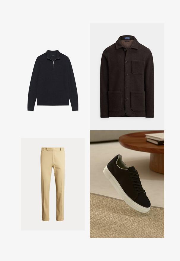 Temno rjav volneni suknjič z zapenjanjem na gumbe, s koničastim ovratnikom in dvema velikima sprednjima žepoma. Ima prsni žep in mehak teksturo.; Temnosiv pulover iz teksturirane tkanine z ovratnikom na polovični zadrgi in dolgimi rokavi, z rebrastim zaključkom na spodnjem delu in manšetah.; Kahe barvni chinos narejeni iz gladkega bombažnega blaga, ki ponujajo prilegan dizajn, sprednje pregibe in manšete pri gležnju za ozko silhueto.; Črni športni copat z belim podplatom lebdi nad bež teksturiranim preprogam blizu okroglega lesenega mize z zloženimi knjigami.